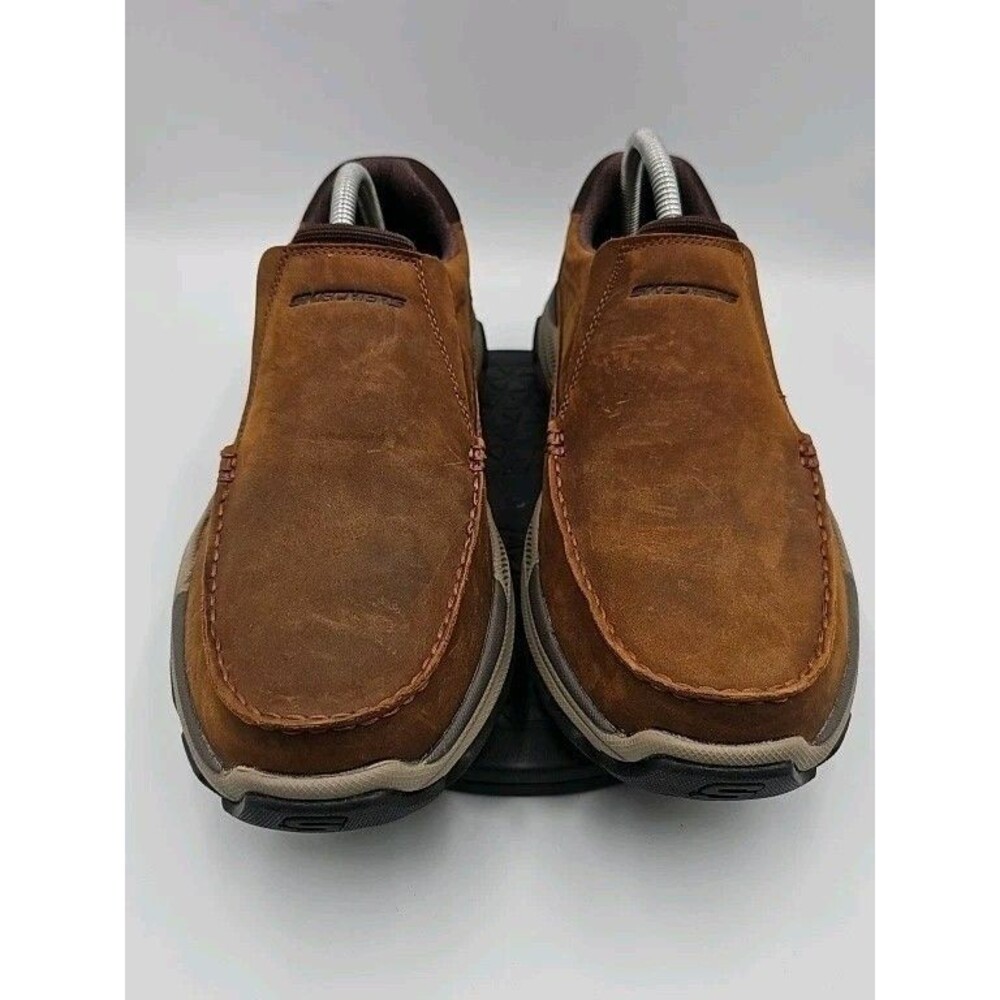 SKECHERS Mens 10 Relaxed Fit Leather Slip On Brown MemoryFoam